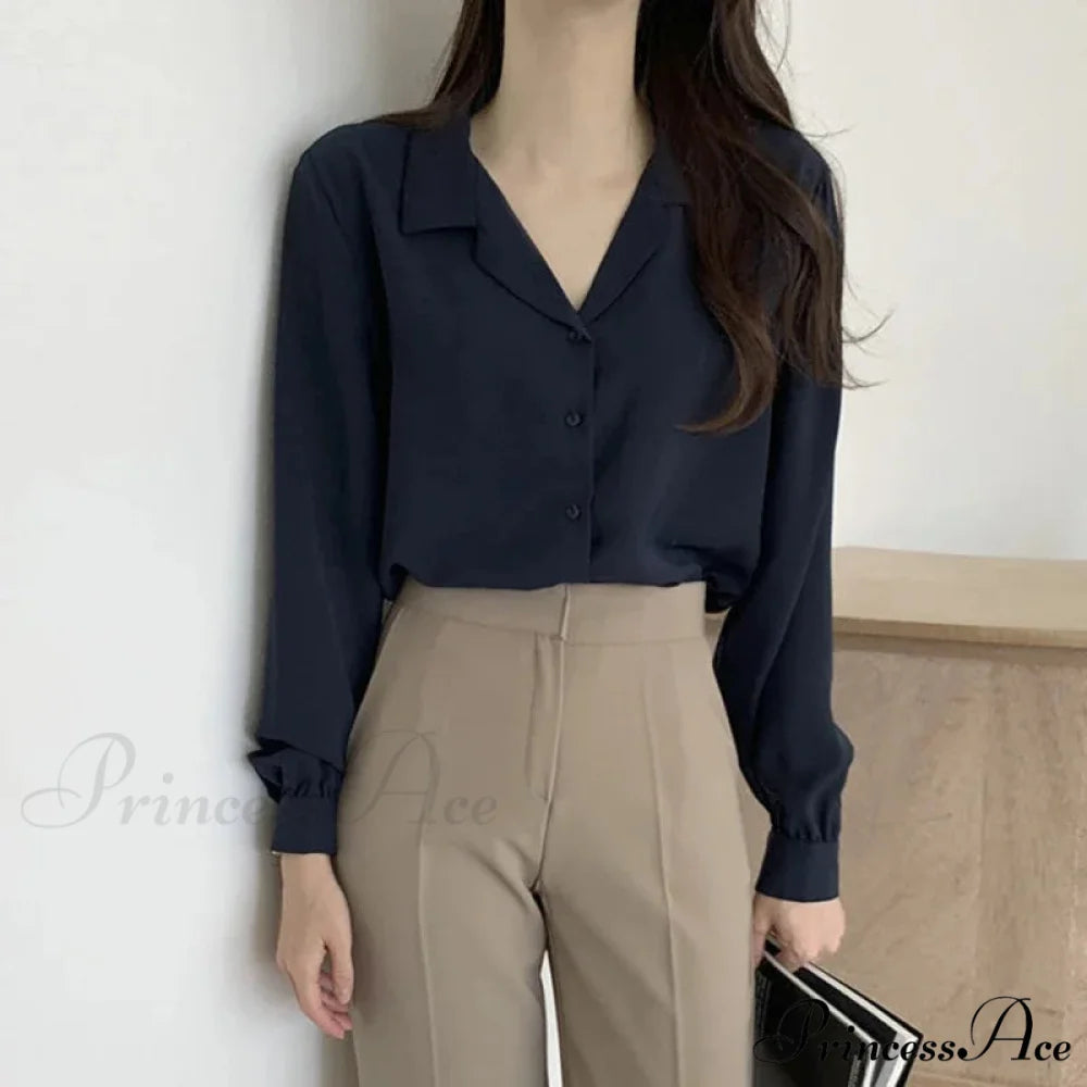 Slim Monochromatic Extended Sleeve Fold Over Collar Top blouse-250126
