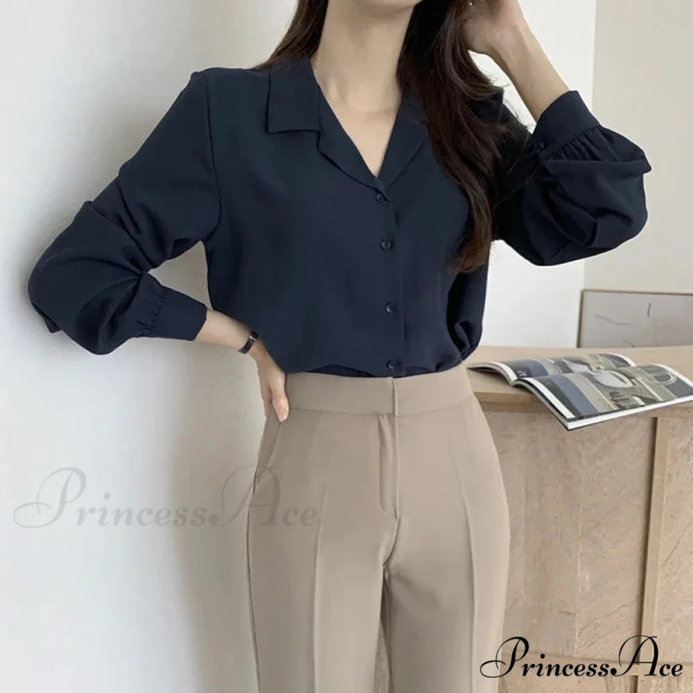 Slim Monochromatic Extended Sleeve Fold Over Collar Top blouse-250126