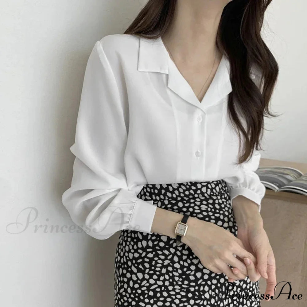 Slim Monochromatic Extended Sleeve Fold Over Collar Top blouse-250126