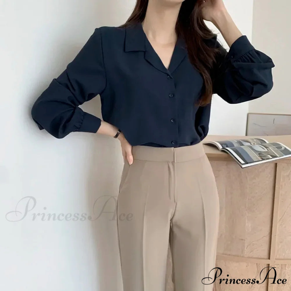 Slim Monochromatic Extended Sleeve Fold Over Collar Top Navy Blue / One Size blouse-250126