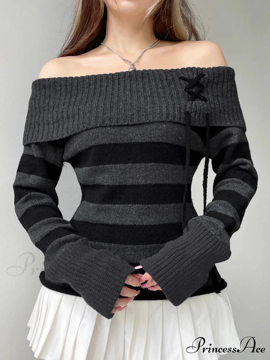 Slim Off-The-Shoulder Striped Pullover swraters-241228