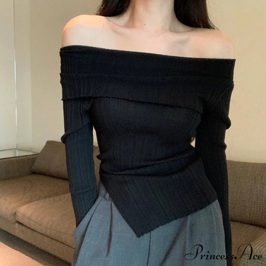 Slim Off-the-Shoulder Wide Neck Extended Sleeve Knit Top Black / One Size knittop-250126