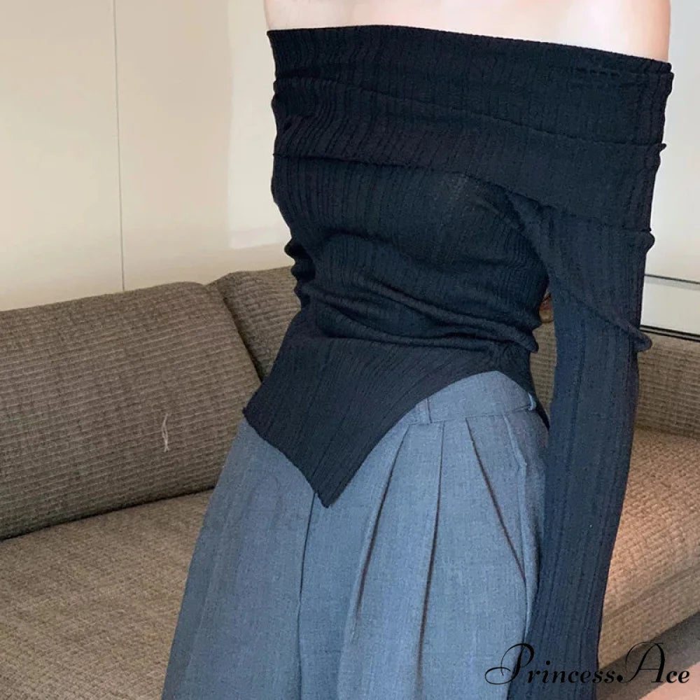 Slim Off-the-Shoulder Wide Neck Extended Sleeve Knit Top knittop-250126