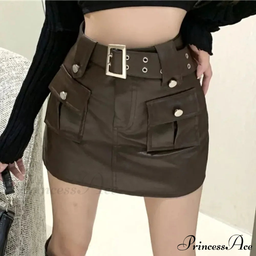 Slim Pocket Encase Faux Leather Skirt Brown / S skirts-250223