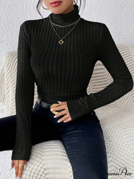 Slim Turtleneck Jumper Fitted Long Sleeve Knit Blouse Women black / XS knittop-250126