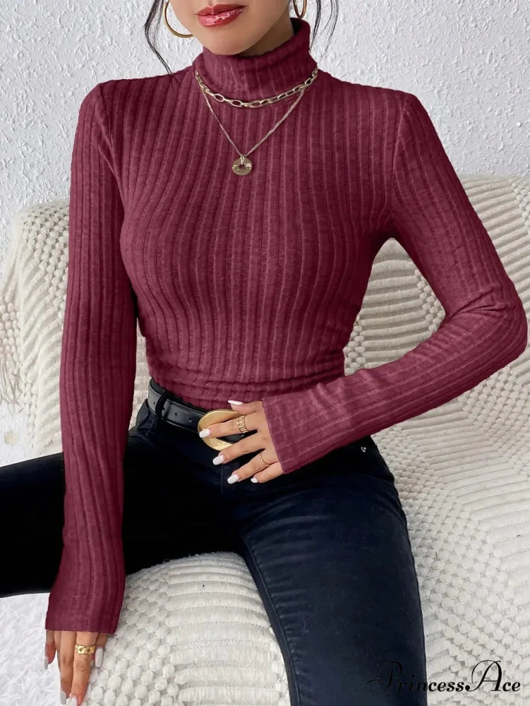 Slim Turtleneck Jumper Fitted Long Sleeve Knit Blouse Women Wine red / XS knittop-250126