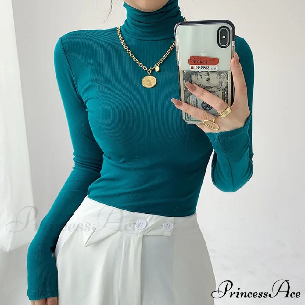 Slim Velvet Turtleneck Minimalist Tops Peacock blue / S