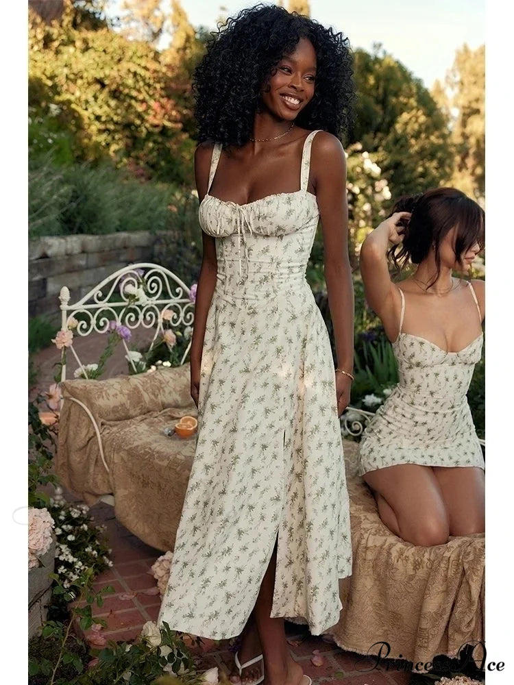 Slim Wrap Spaghetti Strap Pattern Floral Dress green / S