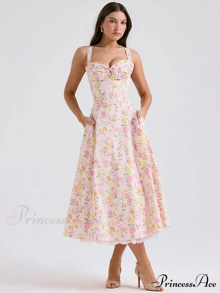 Slim Wrap Spaghetti Strap Pattern Floral Dress pink1 / S