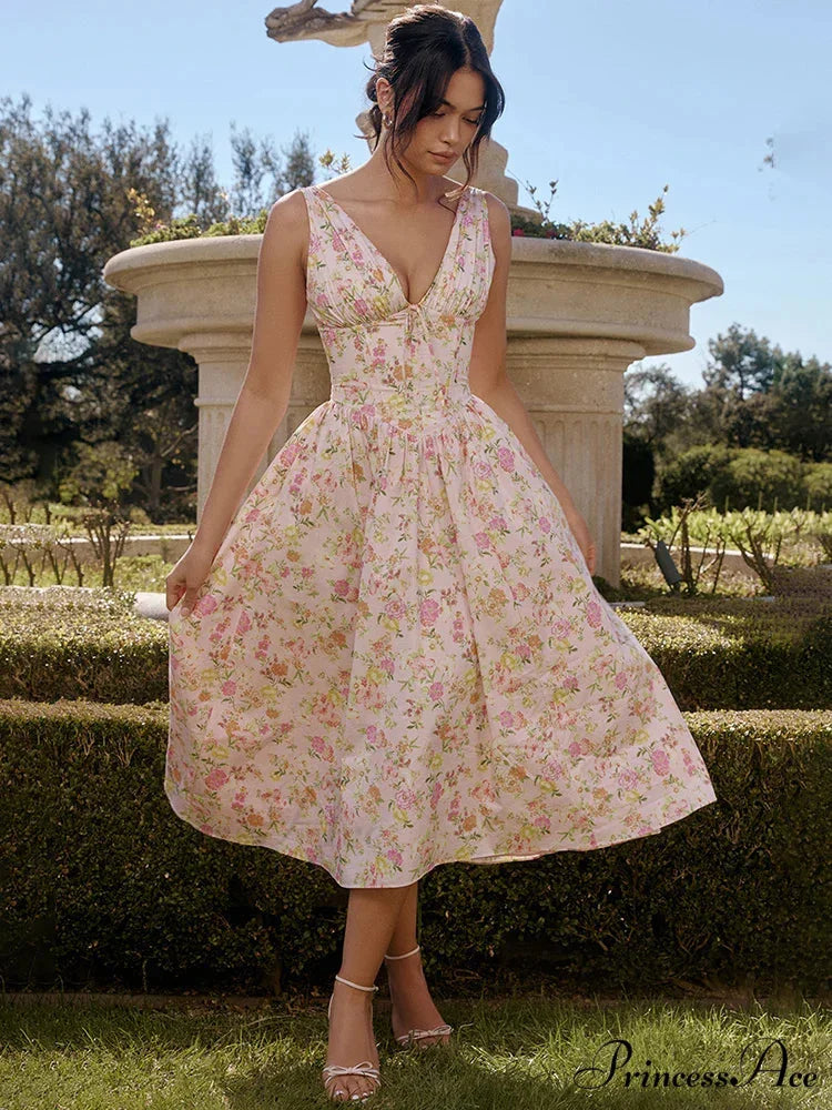 Slim Wrap Spaghetti Strap Pattern Floral Dress pink3 / S