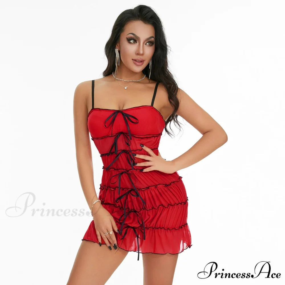Sling Folded Sheer Mini Dress Red / S minidress-250223