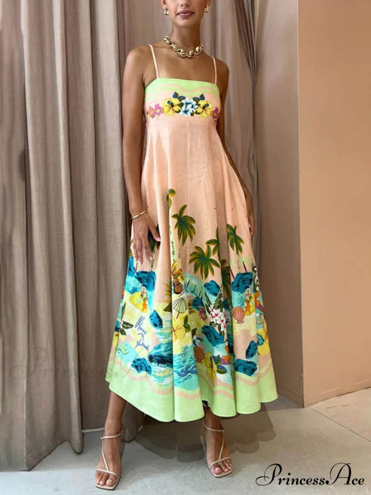 Sling Printed Stylish Casual Midi Dress Multicolor / S
