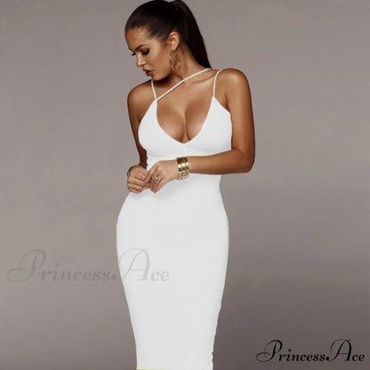 Sling V-neck Slim Fit Bodycon Long Dress white / L