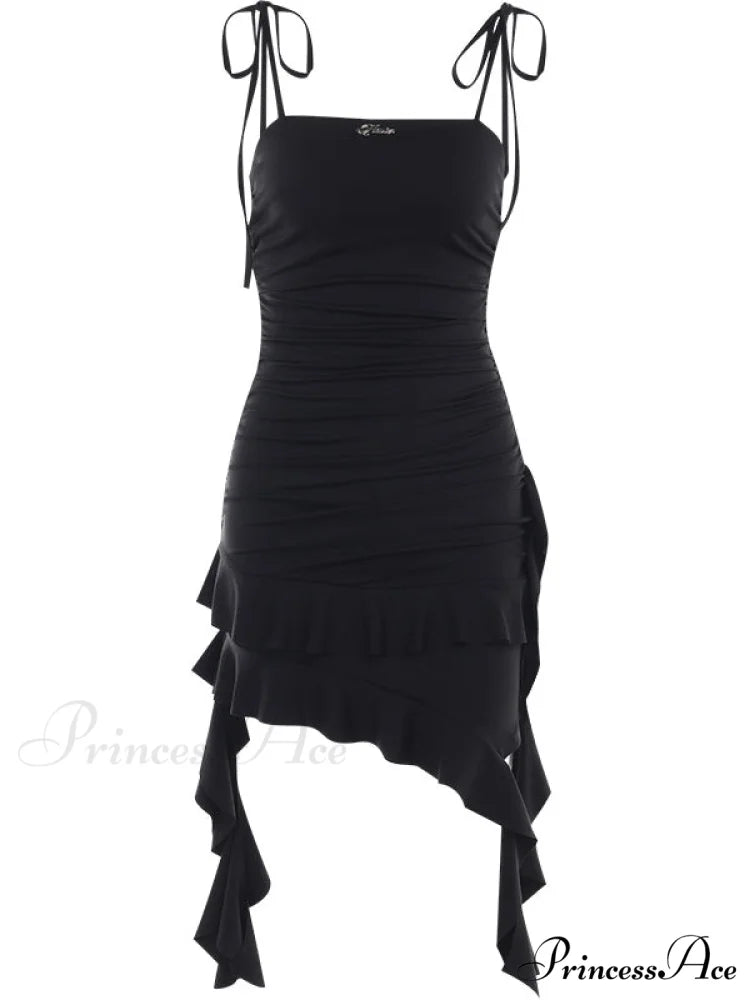 Slinky Ruffle Detail Midi Dress in Black
