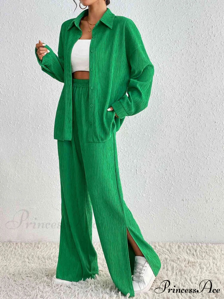 Slit Blouse and Pants Collared Set