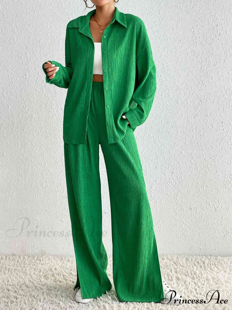 Slit Blouse and Pants Collared Set Mid Green / S