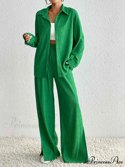 Slit Blouse and Pants Collared Set Mid Green / S