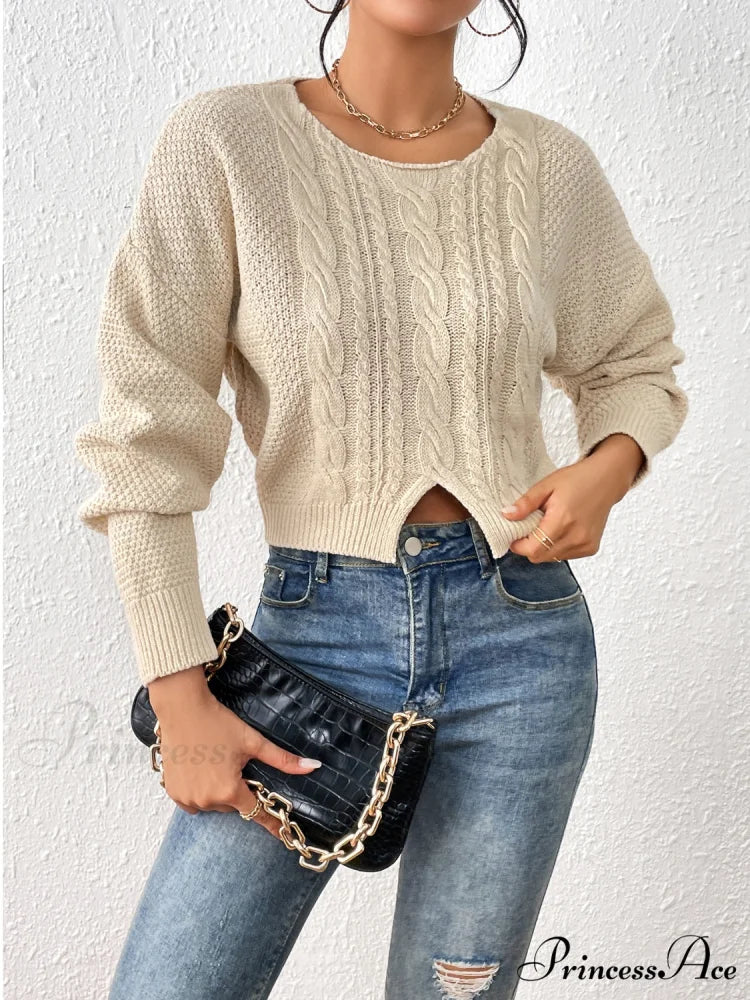 Slit Drop Shoulder Cable-Knit Sweater