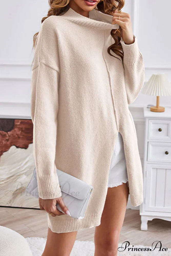 Slit-front Sweater with Turtleneck Detail Beige / L