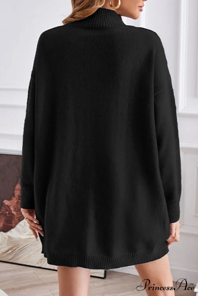Slit-front Sweater with Turtleneck Detail Black / L