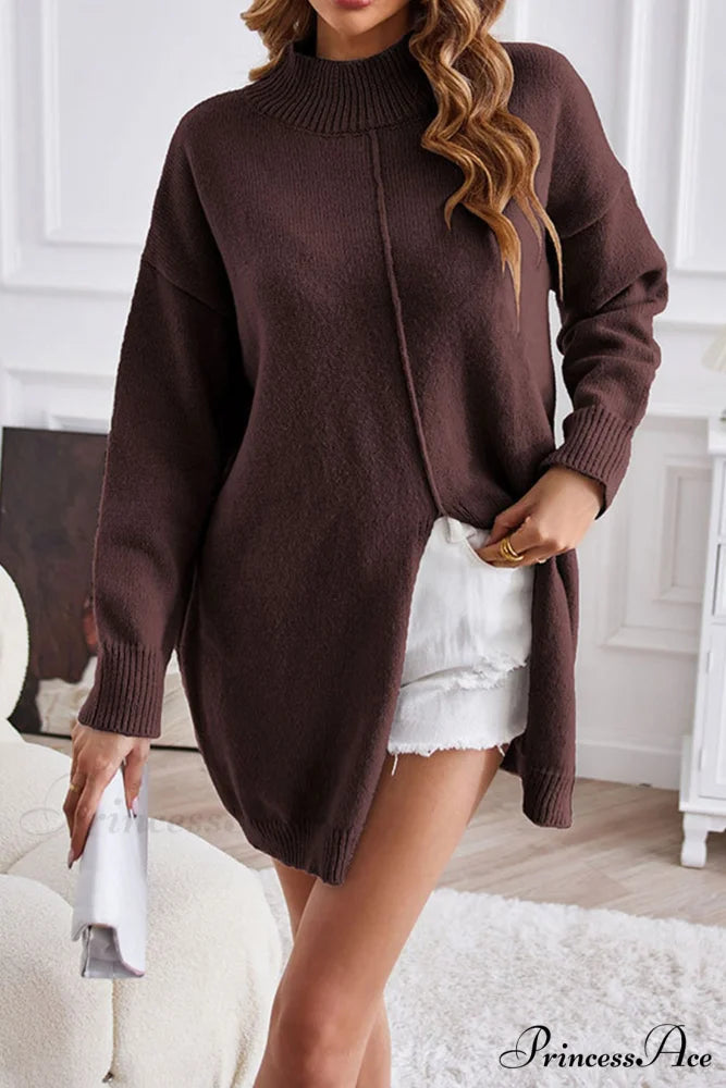 Slit-front Sweater with Turtleneck Detail Brown / L