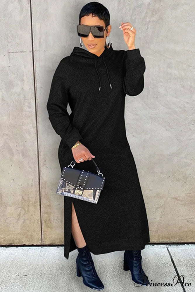 Slit Hem Hoodie Dress Black / M