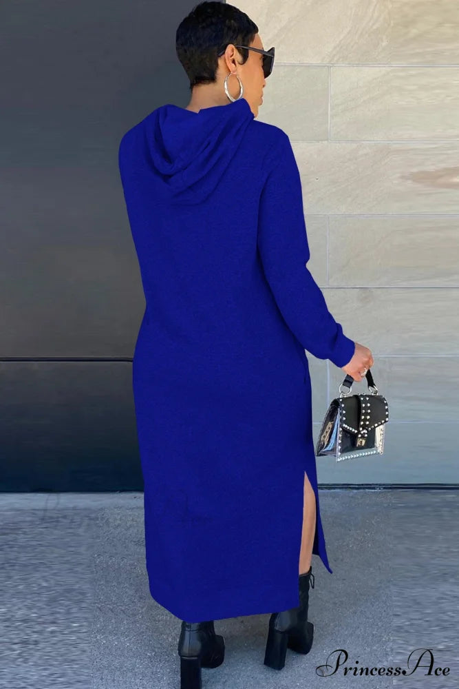 Slit Hem Hoodie Dress Blue / L