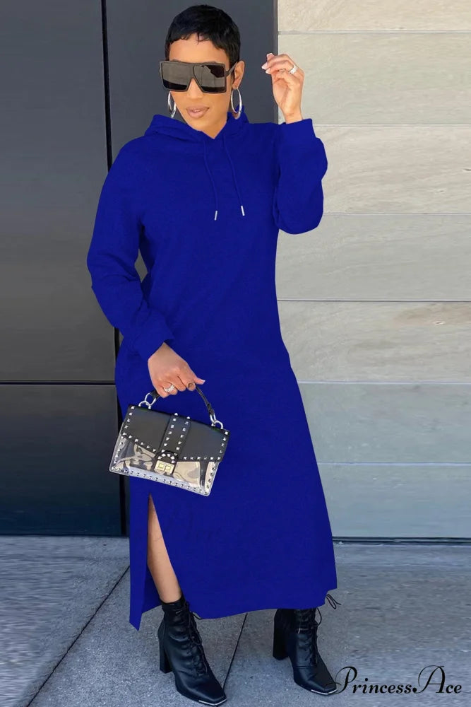 Slit Hem Hoodie Dress Blue / S