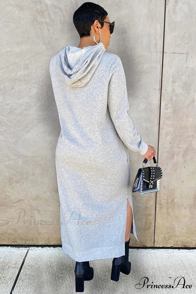 Slit Hem Hoodie Dress Grey / L