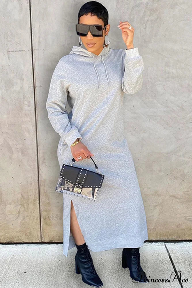 Slit Hem Hoodie Dress Grey / S