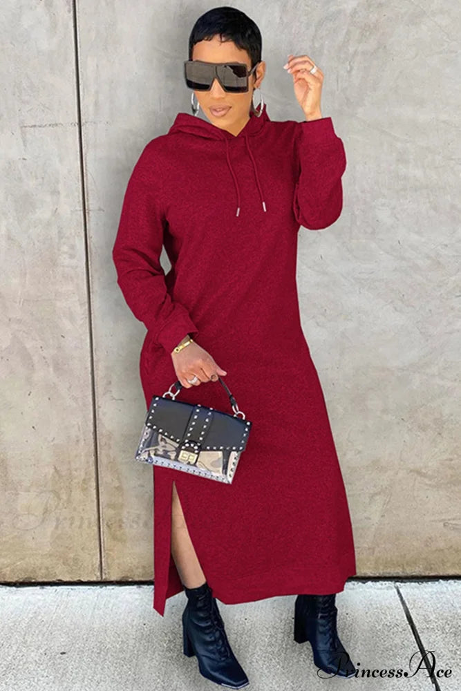 Slit Hem Hoodie Dress Wine Red / S