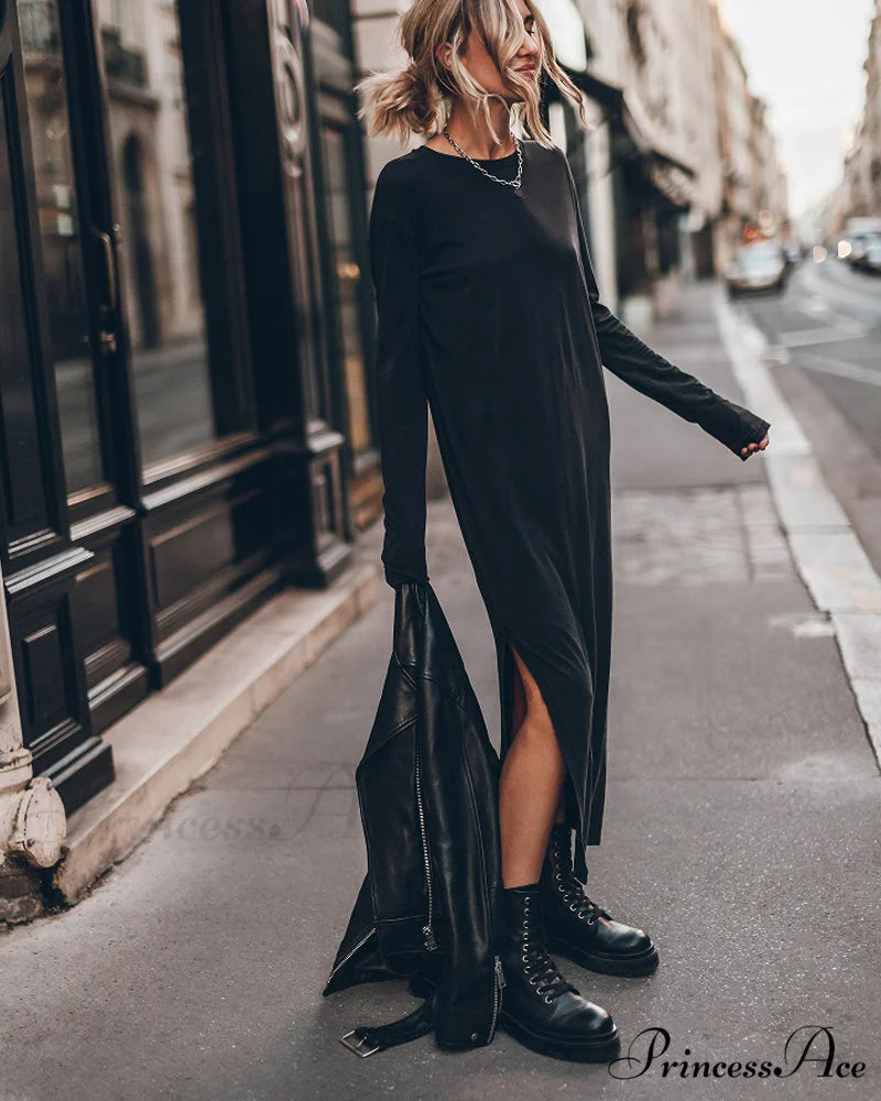 Slit Long Dress with Round Neck