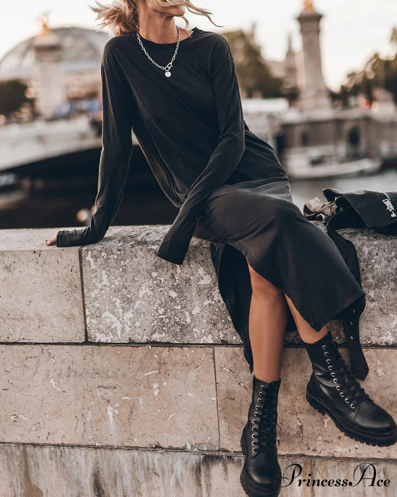 Slit Long Dress with Round Neck