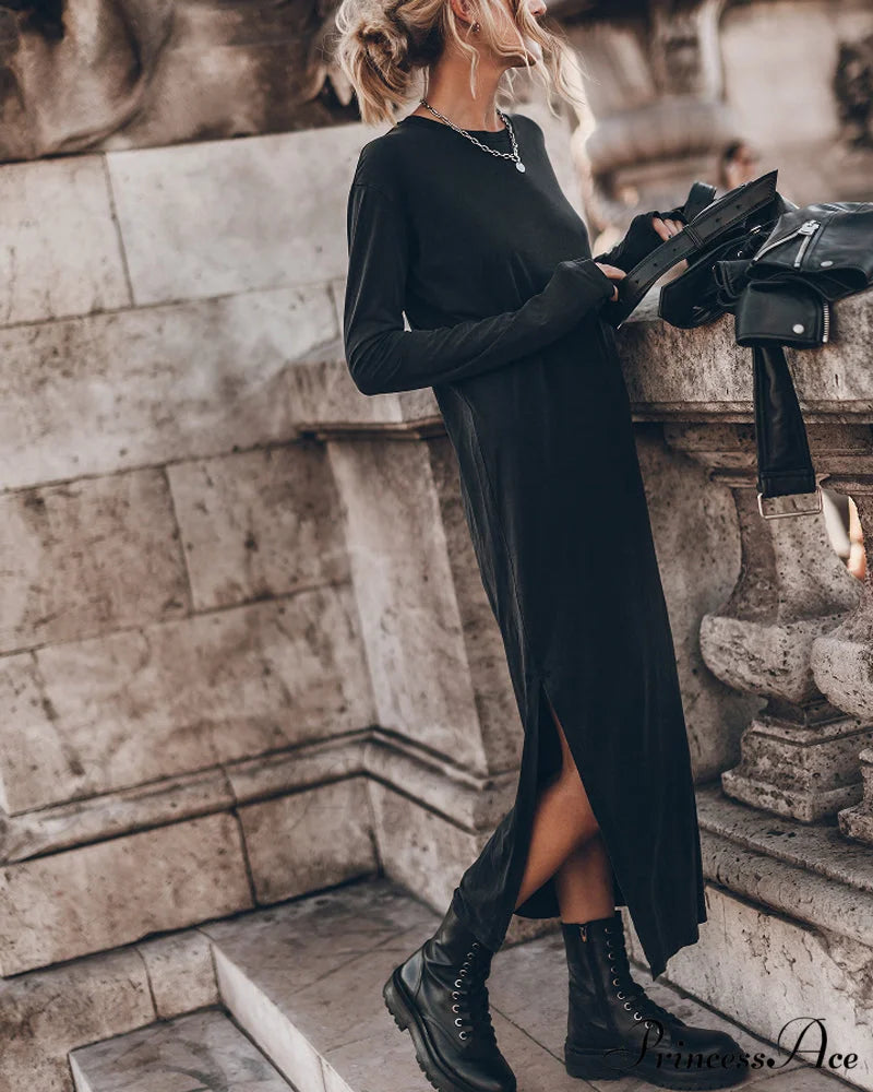 Slit Long Dress with Round Neck Black / S