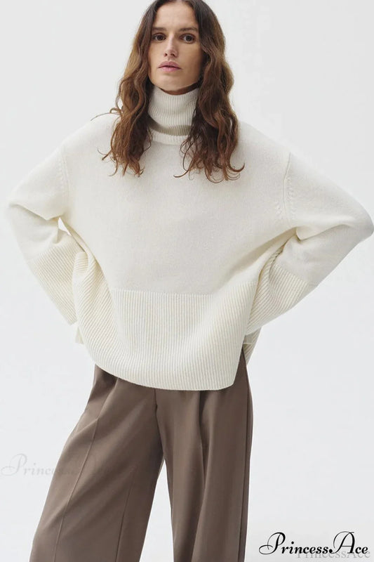 Slit Loose Knit Turtleneck Solid Sweater