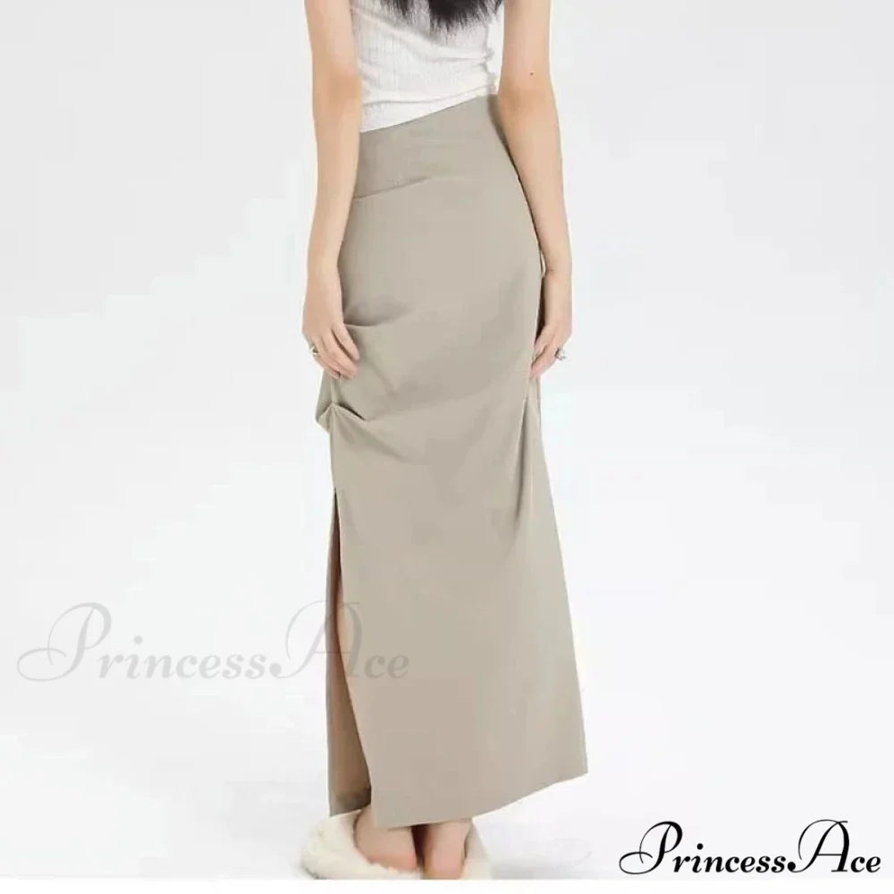 Slit Pleated Solid Long Skirt Vintage Korean Casual Skirt