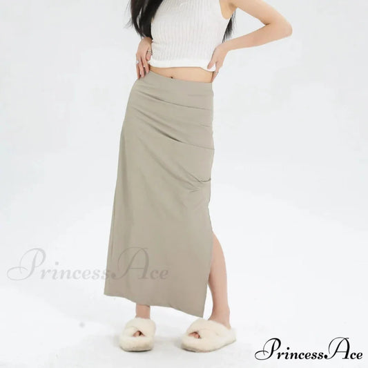 Slit Pleated Solid Long Skirt Vintage Korean Casual Skirt apricot / S