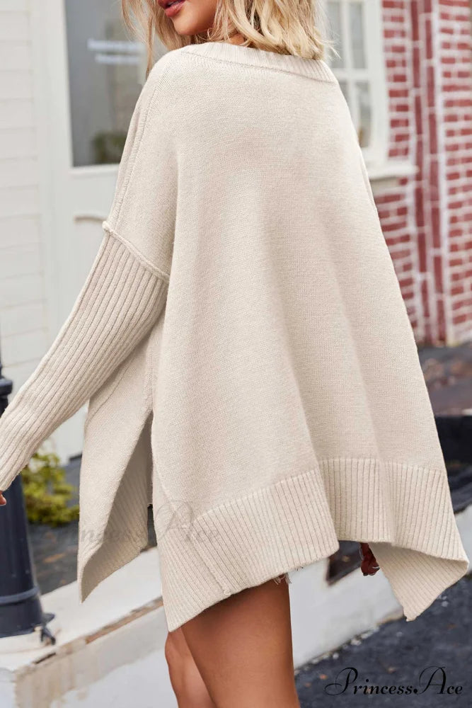 Slit Side Pullover Neck V Sweater Beige / L