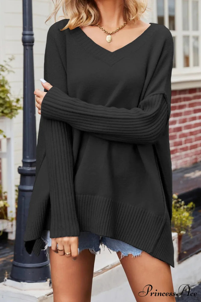 Slit Side Pullover Neck V Sweater Black / L