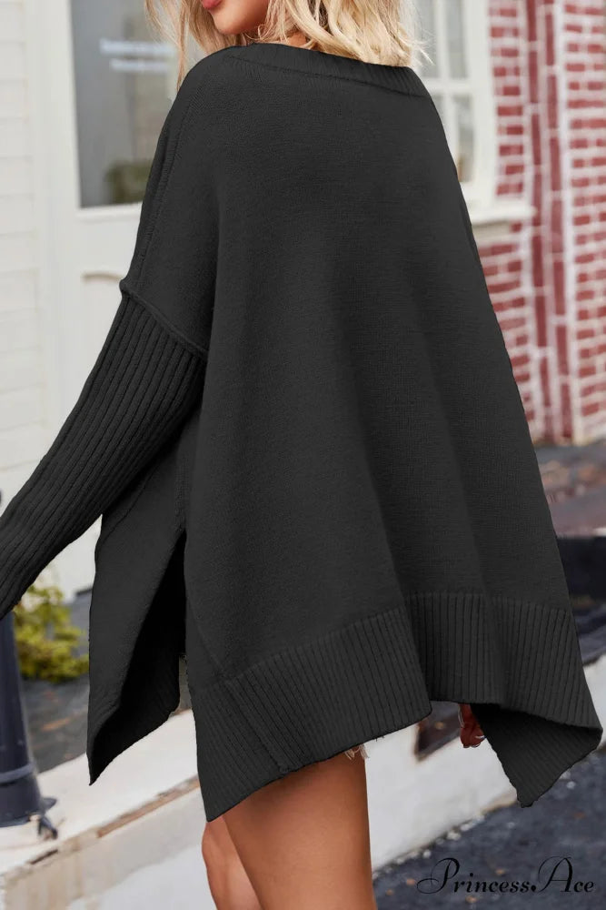 Slit Side Pullover Neck V Sweater Black / M