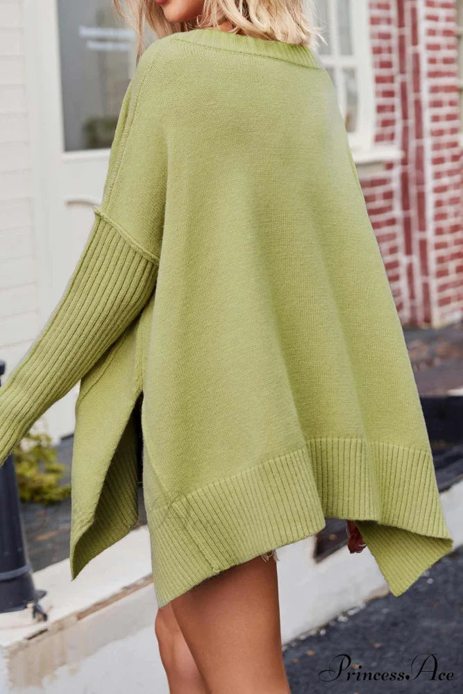 Slit Side Pullover Neck V Sweater Green / L