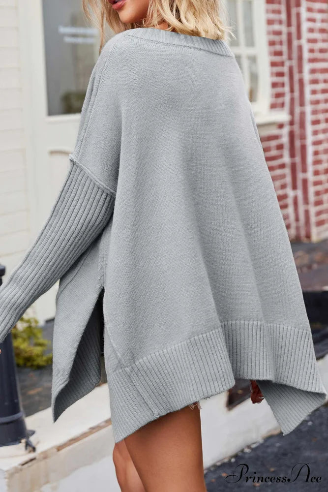 Slit Side Pullover Neck V Sweater Grey / L