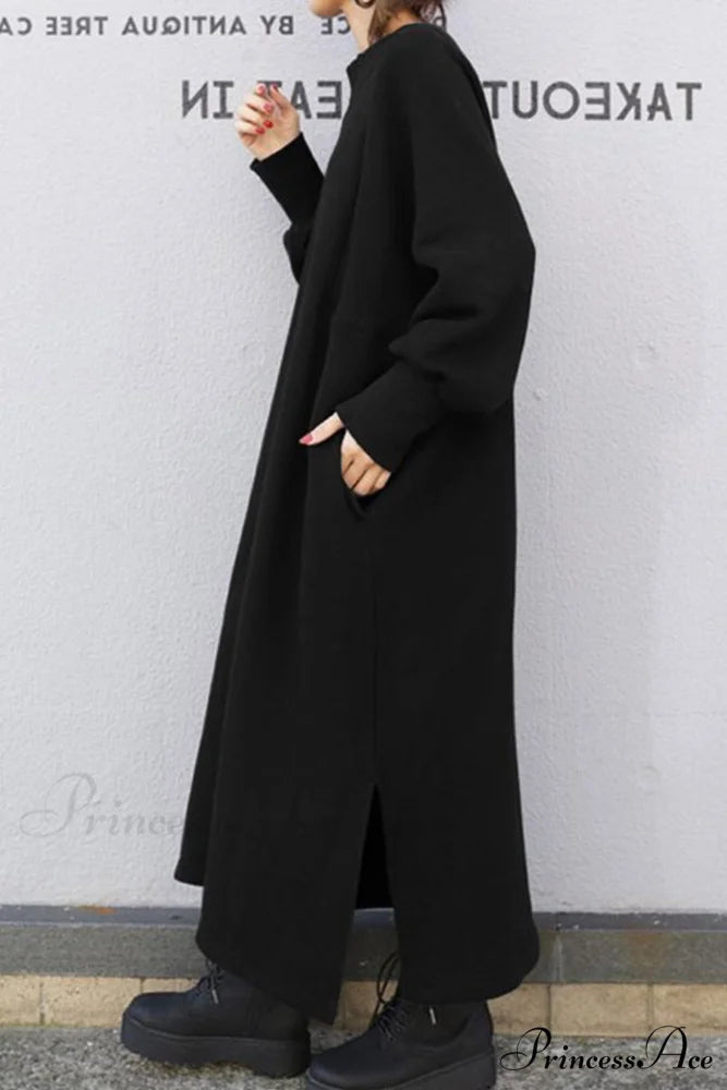 Slit Sweatshirt Dress with Crew Neck Black / 2XL