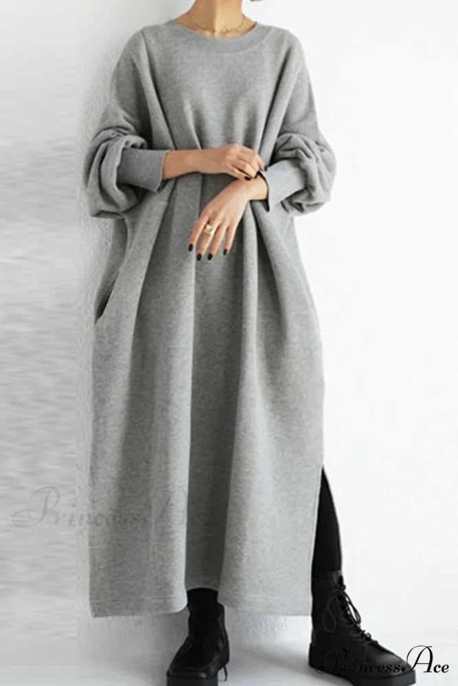 Slit Sweatshirt Dress with Crew Neck Grey / S