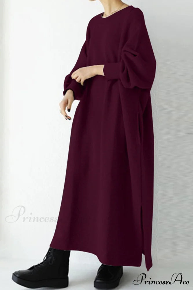 Slit Sweatshirt Dress with Crew Neck Wine Red / 2XL