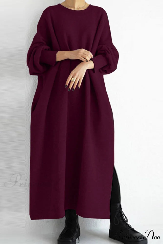 Slit Sweatshirt Dress with Crew Neck Wine Red / S