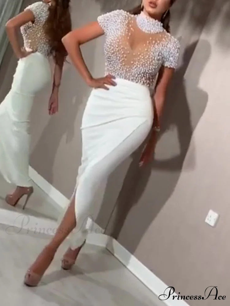 Slit Tulle Night Sexy with - Party Sleeves Gown Patchwork Transparent - Beaded for Warm-Season Outfit Brief Women