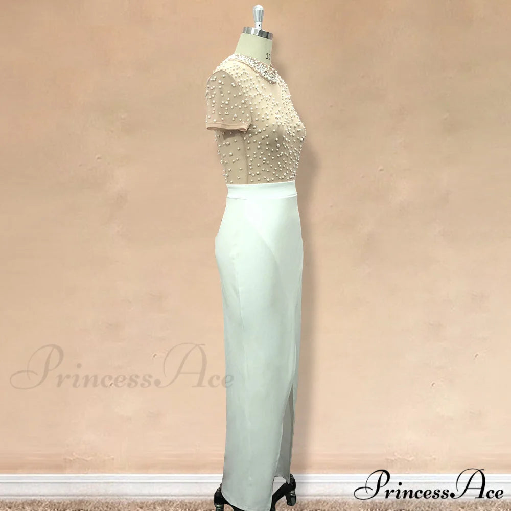 Slit Tulle Night Sexy with - Party Sleeves Gown Patchwork Transparent - Beaded for Warm-Season Outfit Brief Women