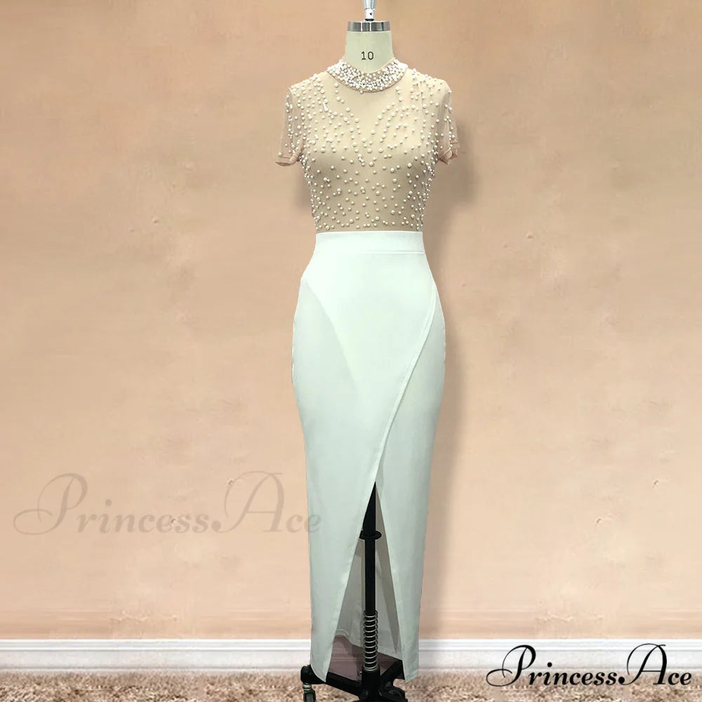 Slit Tulle Night Sexy with - Party Sleeves Gown Patchwork Transparent - Beaded for Warm-Season Outfit Brief Women
