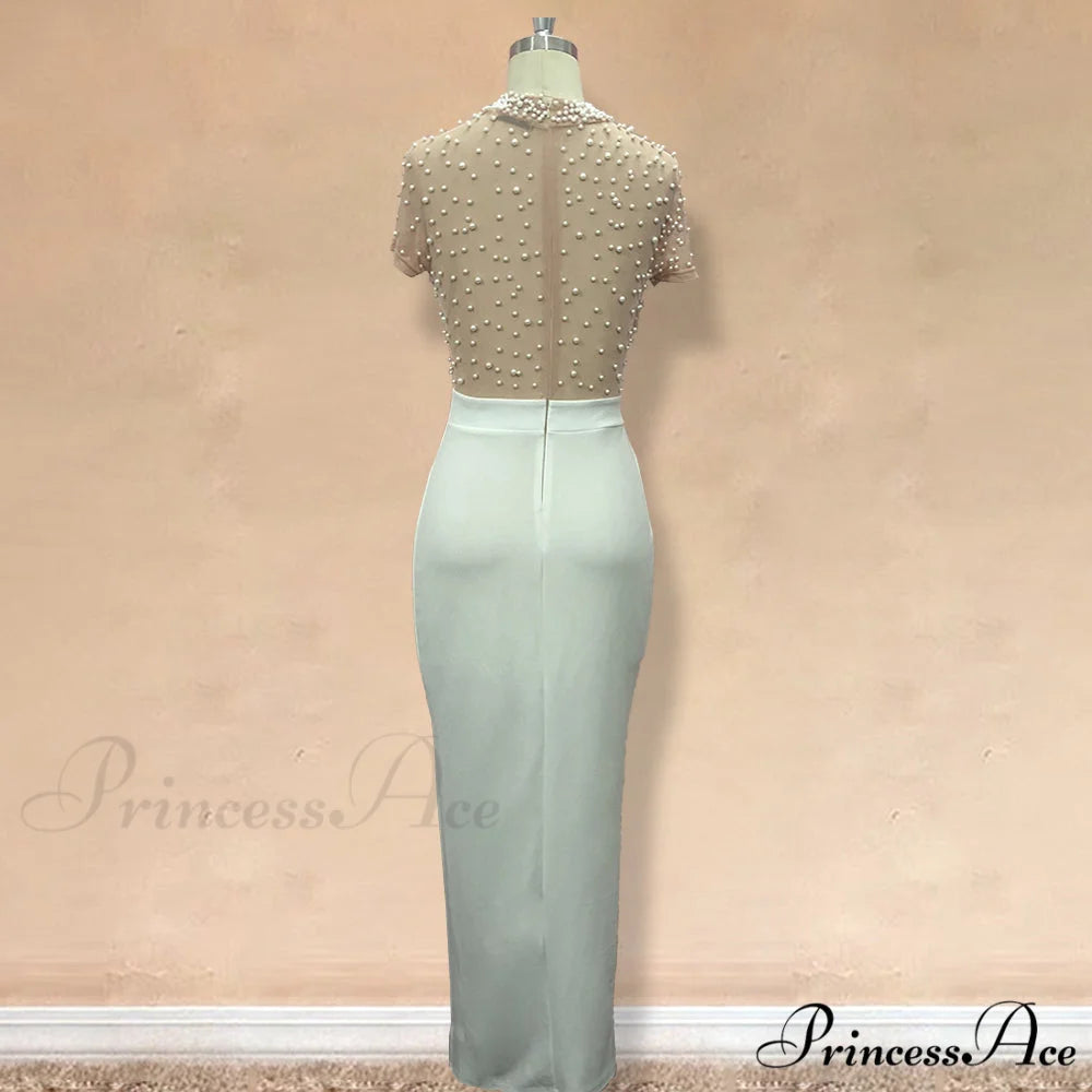Slit Tulle Night Sexy with - Party Sleeves Gown Patchwork Transparent - Beaded for Warm-Season Outfit Brief Women